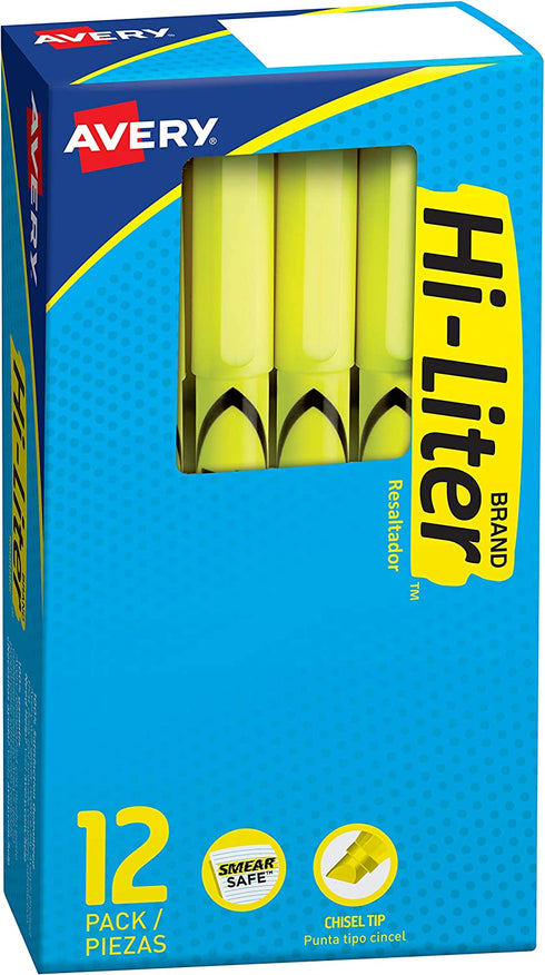 Avery Hi-Liter Pen-Style Highlighters, Smear Safe Ink, Chisel Tip, 12 Fluorescent Yellow Highlighters (23591)