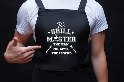 Savvy Designs BBQ Aprons for Men Cooking Kitchen Funny Apron - The Grill Master, The Man The Myth The Legend - Adjustable, Black with Pockets