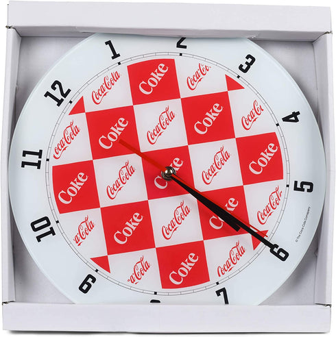 Mark Feldstein & Associates Coca Cola Diamond Pattern Red and White 12 inch Glass Round Wall Clock