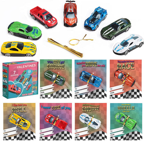 28 Valentines Day Gifts Cards with Die-Cast Racing Cars Vehicle for Kids Party Favor Supplies, Classroom Exchange Prizes, Valentine Greeting Card?Valentine Exchange Gifts?Game Prize