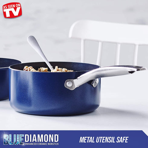 Blue Diamond Cookware Diamond Infused Ceramic Nonstick, 2QT Saucepan Pot with Lid, PFAS-Free, Dishwasher Safe, Oven Safe, Blue