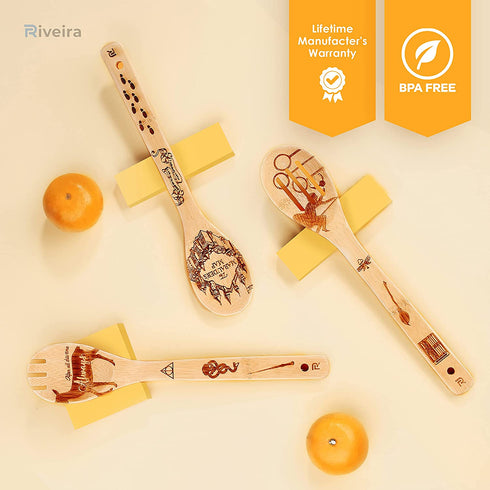 Riveira Organic Wooden Spoons for Cooking Utensils Set 6-Piece Magic Wizard Harr Potter Kitchen Utensils Gift Spatulas for Nonstick Cookware Gifts for Cooking Lovers