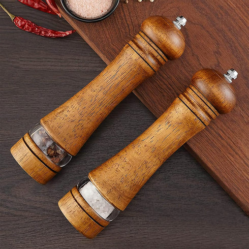 2-Piece Salt and Pepper Grinder Set, 8 Inch Wooden Salt and Pepper Mills with Adjustable Coarseness, Refillable Manual Pepper Mill Grinder for Home Cooks (Brown)