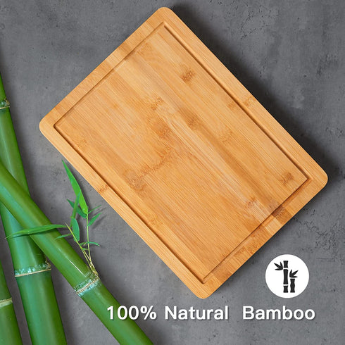 Thick Bamboo Cutting Board, Chopping Board for Kitchen, Heavy Duty Cheese Board with handle and Juice Groove, Meat Butcher Block Cutting Borad, 100% Organic Bamboo, Pre Oiled, 15" x 11"