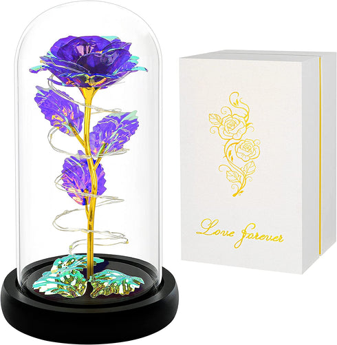 Purple Colorful Artificial Flower Rose Gift,Light Up Rose Flowers Gift, Rose Flower in Glass Dome,Women Gifts Idea for Valentine's Day,Mother's Day,Thanksgiving,Birthday,Anniversary On Any Occasion
