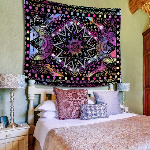 Fowocu Psychedelic Colorful Sun and Moon Tapestry Wall Hanging, Indie Hippie Mandala Cool Trippy Wall Tapestries, Purple Blacklight Tapestry for Bedroom Living Room Dorm (Multi Color, 60'' — 80'')