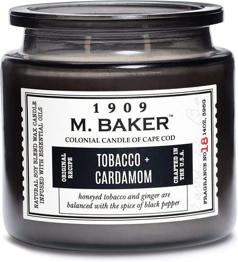 Colonial Candle Tobacco & Cardamom Scented Jar Candle, M. Baker Collection, 2 Wick, Grey, 14 oz - Up to 60 Hours Burn