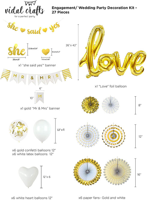 VIDAL CRAFTS Gold Engagement Party Decorations, 6 Pcs Paper Fans, MR&MRS Banner, Love Foil Balloon, Engagement Balloons, She Said Yes Banner, Gold Themed Engagement Party Kit or any kind of engagement party decor