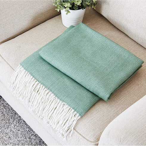 BOURINA Herringbone Two Tone Throw Blanket Faux Cashmere Fringe Soft Lightweight Cozy for Bed Couch Decorative Throws Blanket, Green, 50" x 60"