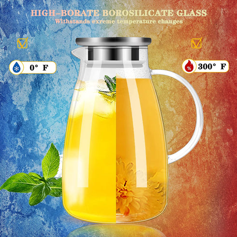 Glass Pitcher, Tea Pitcher,68oz Water Pitcher with Lid ,Drip-Free Water Pitcher with Lid, Easy Clean Heat Resistant Borosilicate Glass Jug for Juice, Milk, Cold or Hot Beverages