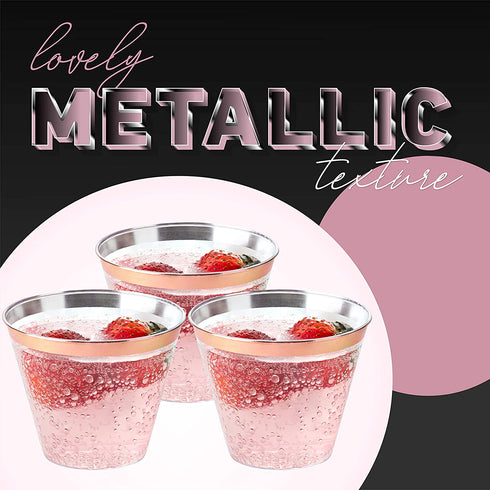 Plasticpro 9 oz Disposable Plastic Party Cups,Old fashioned Designed Tumblers, Crystal Clear (Clear With Rose Gold Rim, 100)