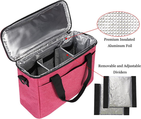 Insulated Drink Carrier Bag for Delivery, Reusable Coffee Cup Holder Caddy Bag with Handle, Tote Bag with Adjustable Dividers, Keep Beverage Hot or Cooler, Ideal for Grubhub Uber Eats Car Drivers (Red)