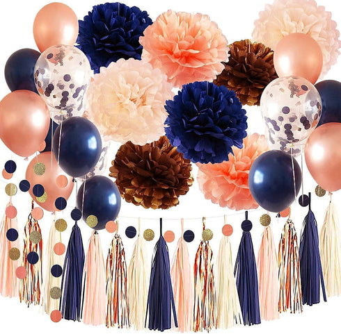 Navy Rose Gold Birthday Decorations for Women/Gender Reveal Party Decorations/Navy Peach Bridal Shower Decorations Champagne Gold Wedding/Navy Rose Gold Confetti Balloons Bachelorette Party Decor