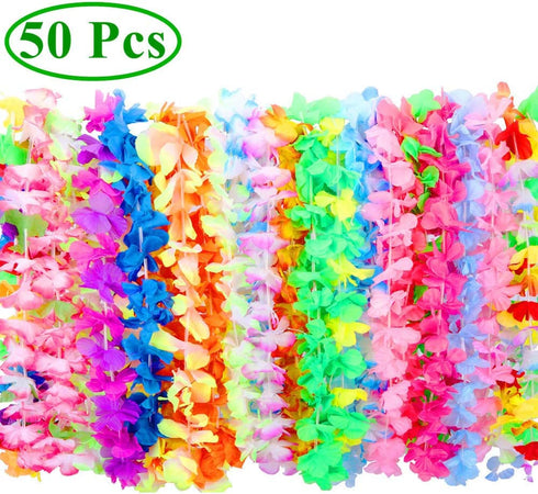 FunToy Hawaiian Leis 50 Counts Tropical Hawaii Luau Flower Lei for Adults and Kids Party Decorations