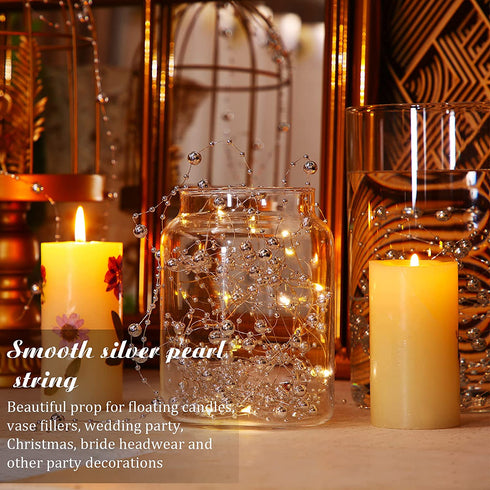 157 Feet 24 Strings Pearl String for Floating Candles Highlight Faux Pearl for Vase Filler for Wedding Dinning Table Party Home Centerpieces (Silver)