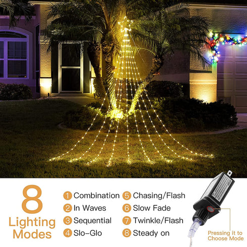 Christmas Decorations Star String Lights, 290 LED Waterfall Tree Lights with 11" Topper Star Christmas Lights Indoor Outdoor Decorative for Wedding Yard Party Home Holiday Decor (Warm White)