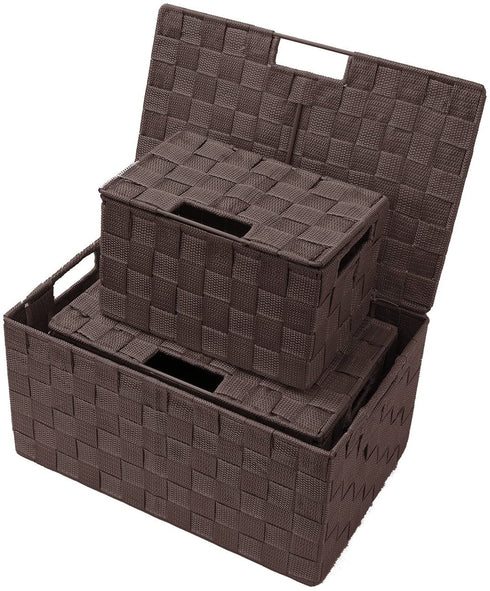 Sorbus Storage Box Woven Basket Bin Container Tote Cube Organizer Set Stackable Storage Basket Woven Strap Shelf Organizer Built-In Carry Handles (Lid Bins - 3 Pack, Chocolate)