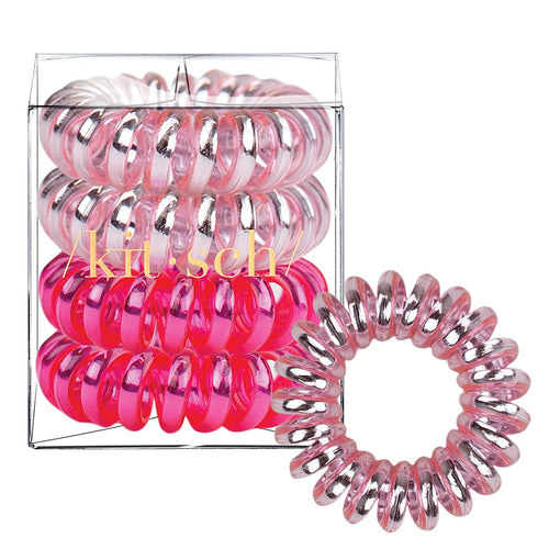 Kitsch Holiday Gift Spiral Hair Ties | Coil Hair Ties | Phone Cord Hair Ties | Hair Coils - 4 Pcs | Metallic Pink Crush