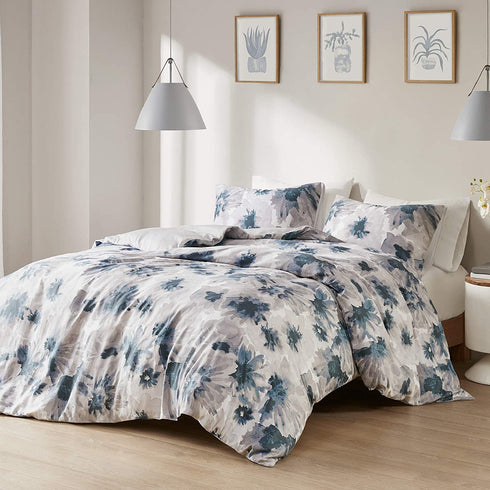 Inspire by INTELLIGENT DESIGN Reversible 100% Cotton Sateen Duvet - Breathable Comforter Cover, Modern All Season Bedding Set with Sham (Insert Excluded), Mercy, Floral Tiles Full/Queen(90"x90")