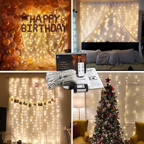 JMEXSUSS Remote Control Curtain Lights Plug in Curtain Lights Outdoor,300 LED Window Wall Hanging Curtain String Light for Bedroom Wedding Party Backdrop Garden Indoor Christmas (Warm White)