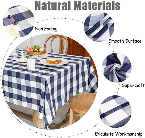 Wracra Checkered Tablecloth Cotton Linen Buffalo Plaid Rectangle Table Cloth Washable Wrinkle Free Anti-Fading Outdoor & Indoor Dining Table Cover, Navy Blue, 55 × 71 Inch