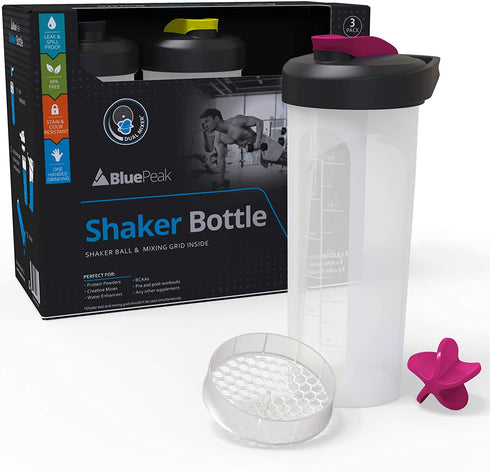 BluePeak Protein Shaker Bottle 28 oz with Dual Mixing Technology, Strong Loop Top, BPA Free, Shaker Balls & Mixing Grids Included - On-The-Go Large Protein Shakers (3 Pack - Black, Yellow, Pink)