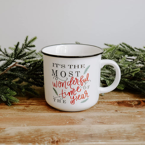 Sweet Water Decor Christmas Coffee Mug | Rustic 16oz Ceramic Campfire Style Coffee Cup Microwave & Dishwasher Safe | Festive Seasonal Holiday Mug for Women (It's the Most Wonderful Time of the Year)