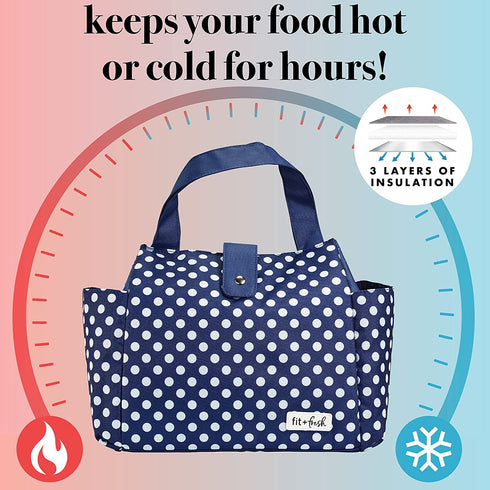 Fit + Fresh Westport Insulated Lunch Bag, Lunch Bag for Women, Reusable Lunch Box, Perfect for Work, School, Beach & More, Classic Navy Dot