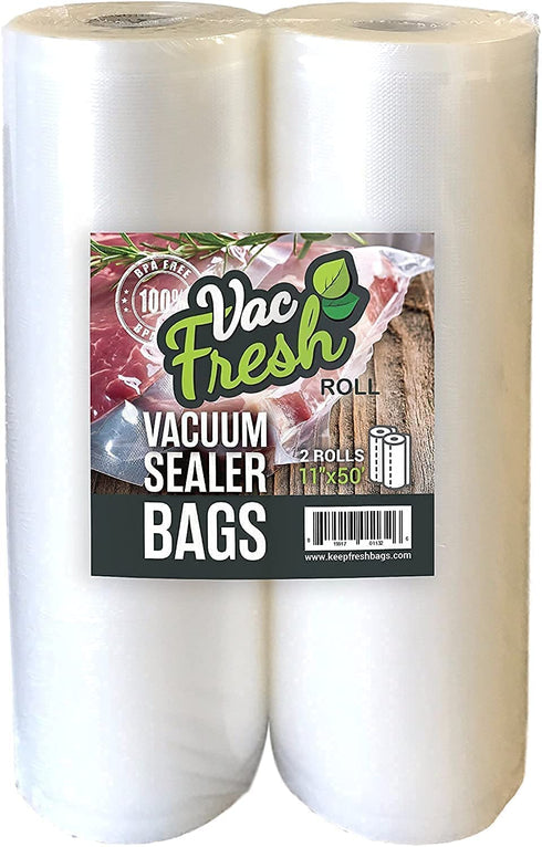 Vac Fresh Food Vacuum Sealer Rolls (2, 11" x 50')3.5mil Embossed Food Storage Bags, Vacuum Seal Bags for Meal Prep, Sous Vide Bags for Cooking (100 Feet)