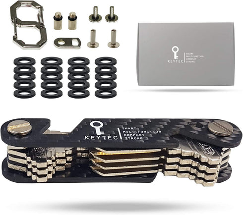 Compact Key Organizer by KEYTEC - Carbon Fiber Smart Key Holder with Multitools - Bottle Opener Phone Stand - Long Screw Anti Loosening Washer - Full Expansion Kit - Linear Type