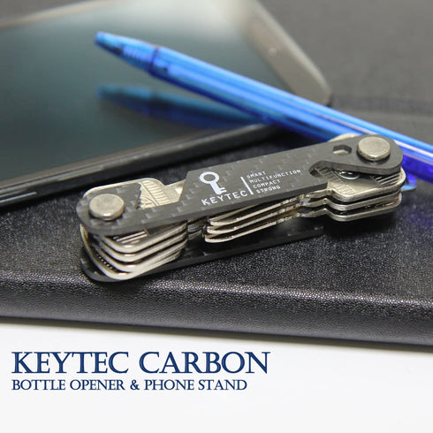 Compact Key Organizer by KEYTEC - Carbon Fiber Smart Key Holder with Multitools - Bottle Opener Phone Stand - Long Screw Anti Loosening Washer - Full Expansion Kit - Linear Type