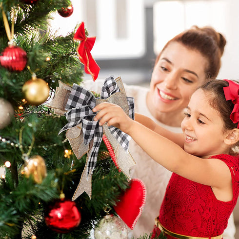 Syhood 4 Pieces Black and White Burlap Bows Christmas Wreath Bows Large Buffalo Plaid Wreath Bows Craft Ribbon Bows Tree Topper Bows Rustic Checkered Bows for Wedding Party Decoration 9.4 x 13 Inch