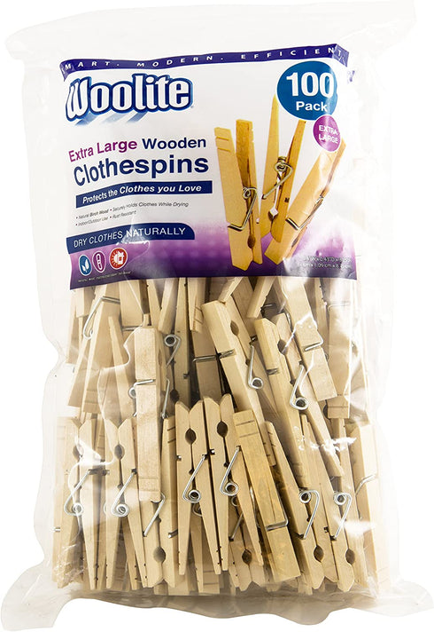 Woolite Extra Large Wooden 100 Pack Clothespins, Natural