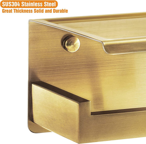 HITSLAM Gold Toilet Paper Holder, Stick on Brushed Brass Toilet Paper Holder with Shelf, Self Adhesive No Drill or Wall-Mount with Screws for Bathroom