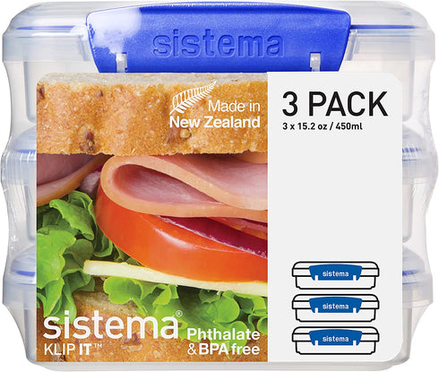 Sistema KLIP IT Collection Sandwich Box 1.9 Cup Compact Food Storage Container, 3 Pack, Clear/Blue, Great for Meal Prep, BPA Free, Reusable