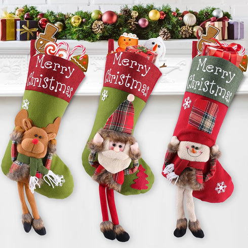 JUOIFIP 23'' Large Christmas Stockings Set of 3 - 3D Santa Snowman Reindeer Personalized Christmas Hanging Stockings Christmas Fireplace Stairs Decorations for Family Holiday Party