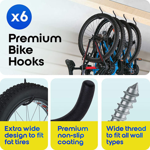 12 pack Heavy-Duty Storage Hooks - Combo Set of 6 Extra-Wide Bike Hooks + 6 Garage Utility Hooks in 3 Sizes - Organize Bikes, Ladders & Tools, for Ceiling & Wall Mounts + Screws & Anchors By Inovastik
