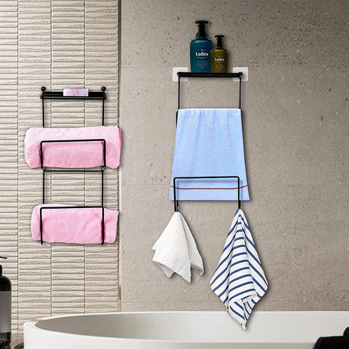 Towel Rack Holder Set Wall Mounted with Top Shelf & Hook - Towels Organizer for Storage of Washcloths, Hand Towels - Modern Wall Decorative for Spa, Salon, Modern Design?Black?