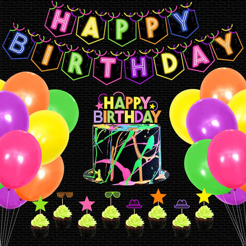 Glow Birthday Party Decoration Set Glow In The Dark Happy Birthday Banner Neon Cake Cupcake Topper Teenager B-Day Party At Night Balloons Ideas Favors Supplies