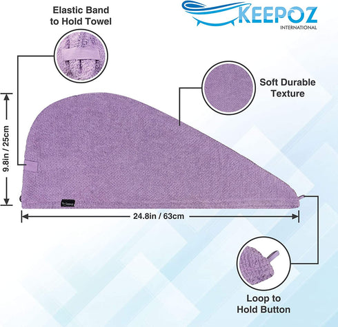 KEEPOZ Hair Towel Wrap Quick Dry 100% Cotton Super Absorbent Turban Head Wrap for Women with Button, Anti Frizz Hair Products, Hair Cap for Curly, Long & Thick Hair (2pcs) (Lilac+Pink Check)