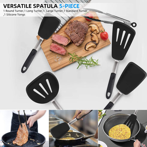CGSGDK Silicone Flexible Turner Spatula Set, 5-Piece Heat Resistant Flexible Rubber Spatulas,Silicone Cooking Utensil Set,Non Stick Rubber Kitchen Utensils for Cooking Fish, Steak,Eggs, Pancakes