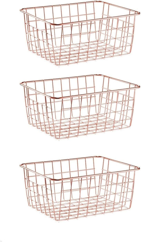 SINARDO Wire Storage Basket Organizer Bin Baskets for Kithen Cabinets Freezer Bedroom Bathroom (3, Rose Gold)