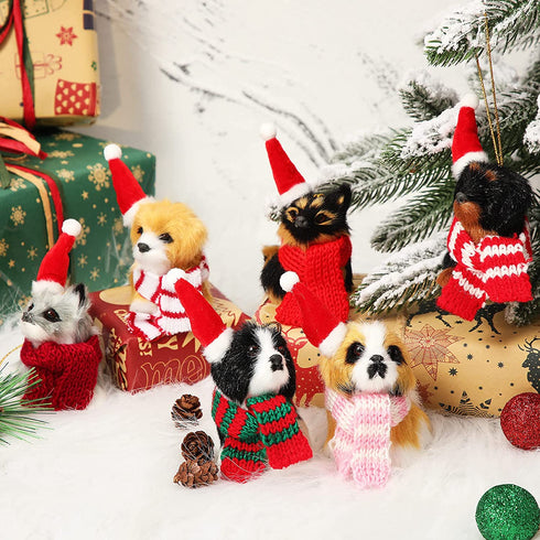 6 Pieces Christmas Dog Ornament with 6 Scarfs Santa Hats Funny Cute Doggy Hanging Decorations Lanyard Artificial Fur Decorative Furry Pet Pendant for Xmas Tree Decor Home Present Party DIY
