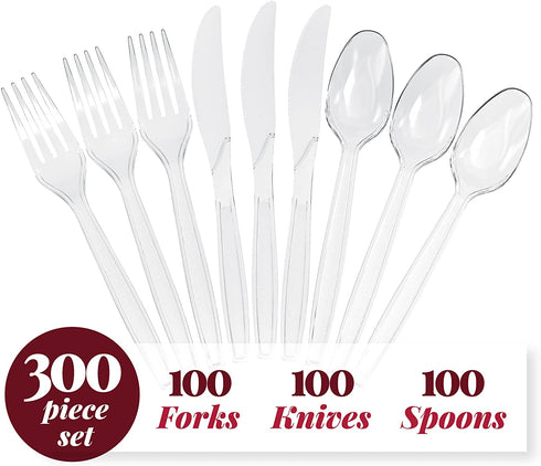 300 Clear Plastic Silverware Set | Disposable Plastic Utensils | 100 Plastic Forks, 100 Plastic Spoons, 100 Plastic Knives | Plastic Cutlery Set | Heavy Duty Bulk Flatware Set