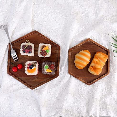Acacia Wood Hexagon Serving Trays Set of 2 Wooden Platters for Home Decor Coffee Table for Fruit Salad Pizza Cheeses Dessert Plate The Perfect Centerpiece Decoration for Your Dining or Living Room