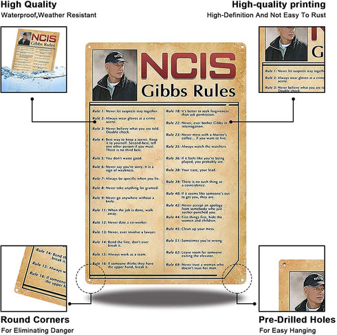 Retro Poster Tin Sign, NCIS-Gibbs-Rule Printed Canvas Decoration! Funny Family Cafe Kitchen Bathroom Man Cave Wall Decoration 12x16 Inch