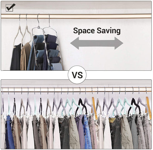 SONGMICS Pants Hangers Space Saving, 5 Layer Pants Hangers, Set of 2 Multiple Pant Hanger, Pants Organizer Hanger, Swing Arm Pants Hangers with Non-Slip Padding, Silver and Black UCRI041B02