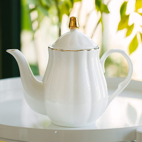 BTaT- Porcelain Tea Pot with Stainless Steel Infuser, 38 oz, White, Tea Pot with Gold Trim, Teapot with Infuser, Porcelain Teapot, Tea Brewing Pot, Teapots for Loose Tea, Tea Pot with Strainer