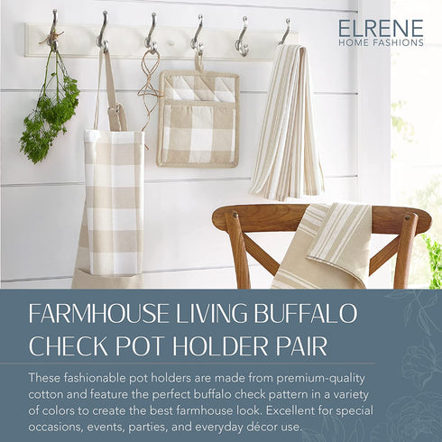 Elrene Home Fashions Farmhouse Living Buffalo Check Pot Holder Pair, 8" x 9", Tan/White 2
