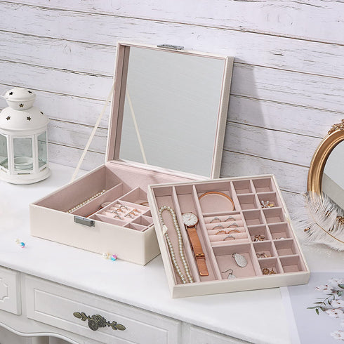 BEWISHOME Jewelry Organizer Box Jewelry Boxes for Women Girls 2 Layers Jewelry Storage Case with Large Mirror for Earring Ring Necklace Bracelet Faux Leather White SSH01W